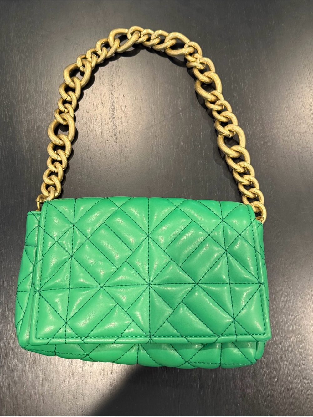 Zara Green Quilted Shoulder Bag with Gold Chain Strap